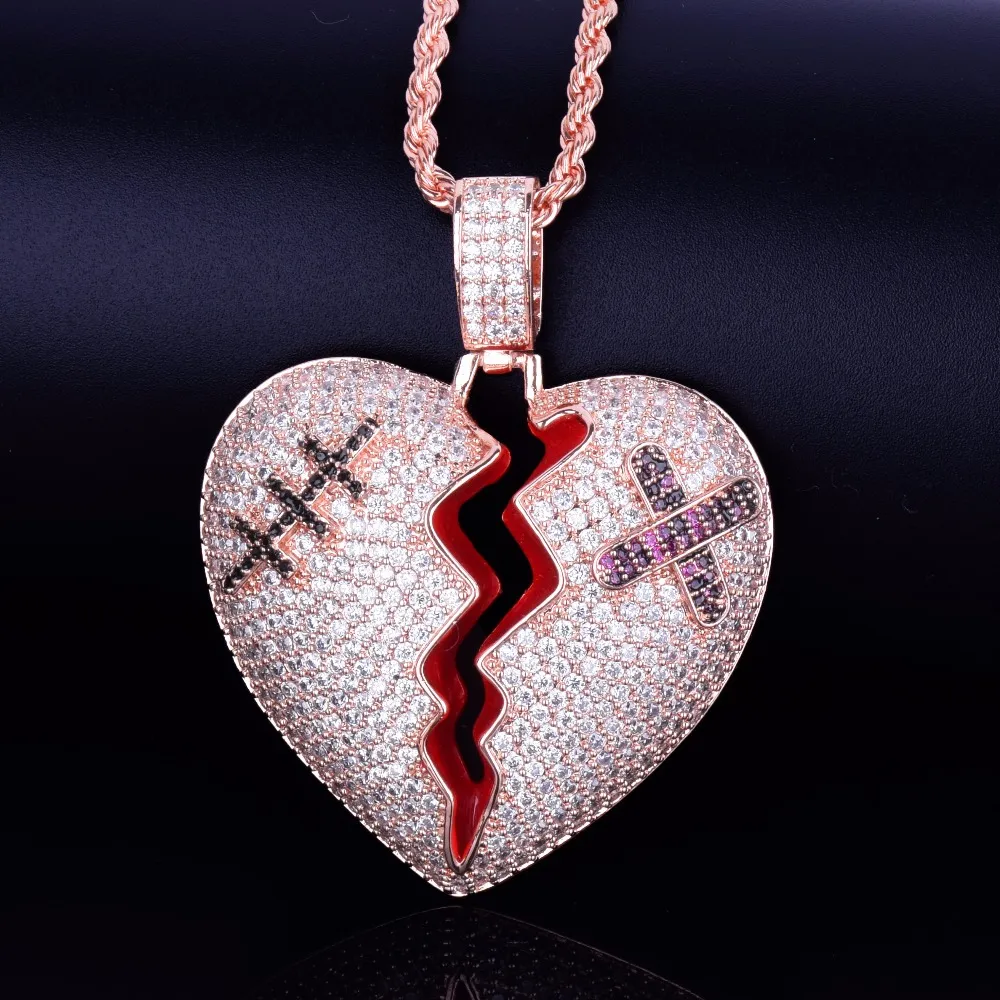 New Red Oil Broken Heart Pendant With Rope Chain Necklace Gold Silver Color Cubic Zircon Mens Hip Hop Street Rock Jewelry From 14 19 DHgate