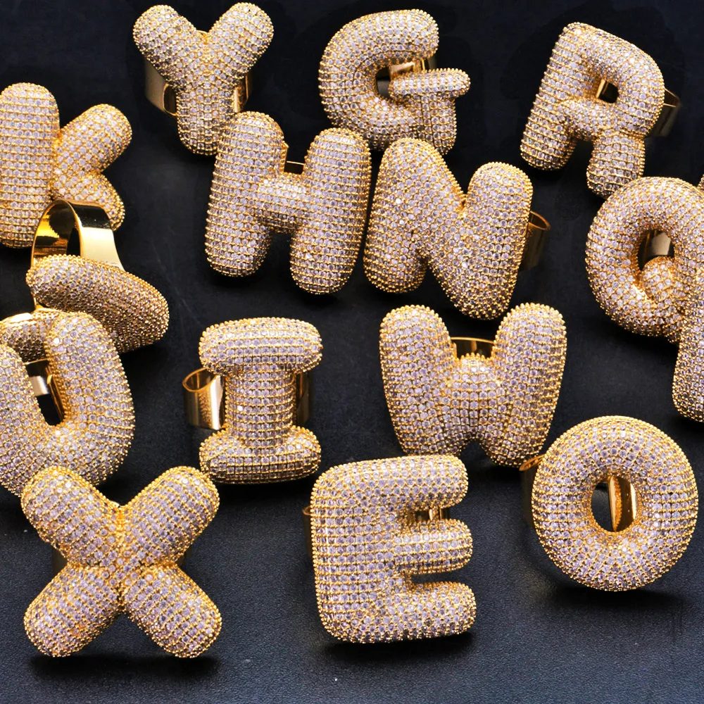 Hip Hop Punk Jewelry A-Z Letter Anelli ghiacciati anelli in oro zircone anello regolabile per maschile254x