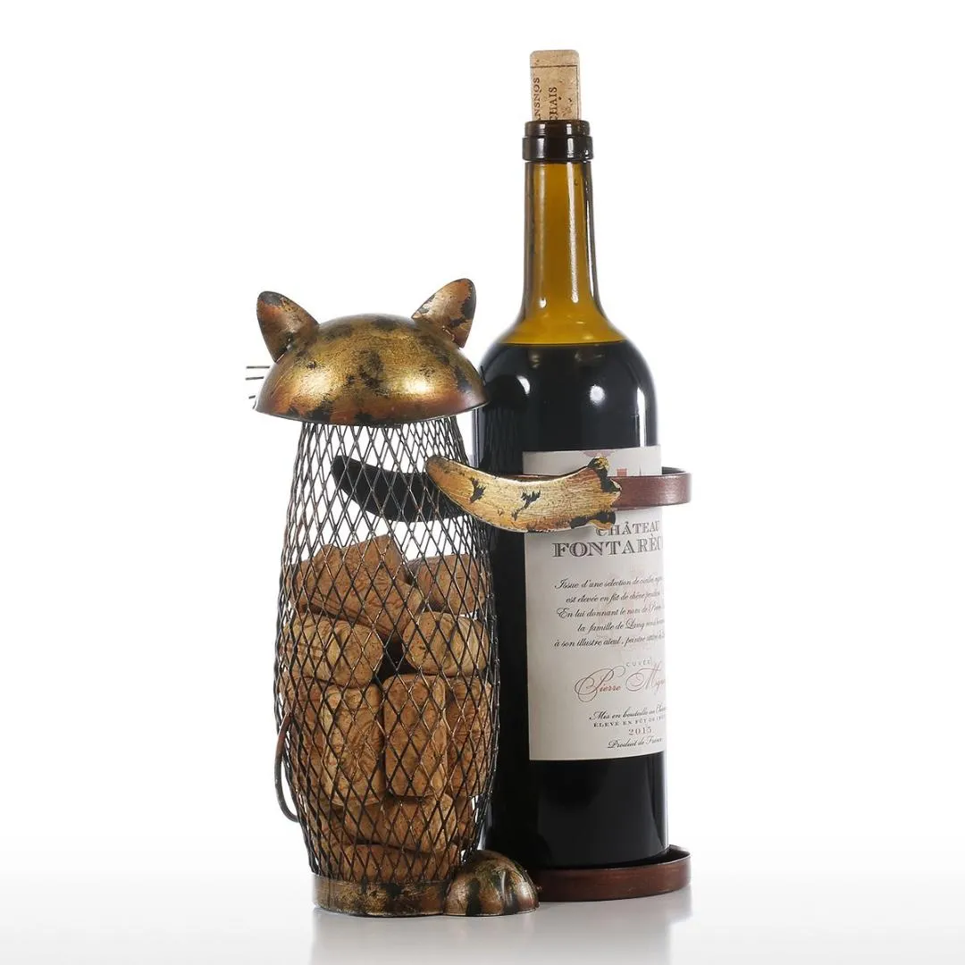 Tooarts kat wijnrek kurk container fles wijn houder keuken bar display metalen ambachtelijke gift handwerk dierlijke stand