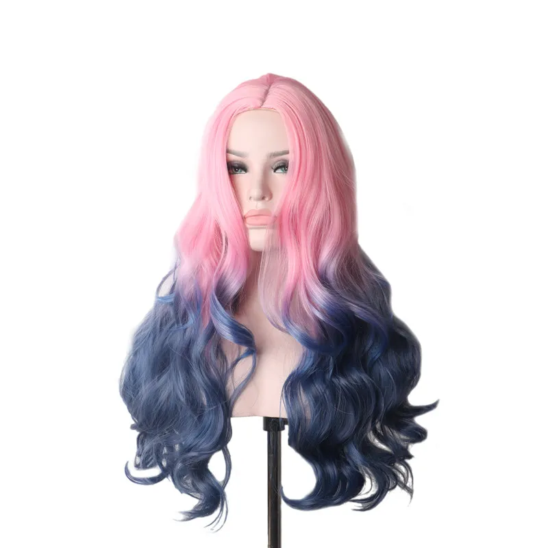 WoodFestival women's long curly wig pink gradient blue ombre hair heat resistant synthetic fiber party wigs wavy