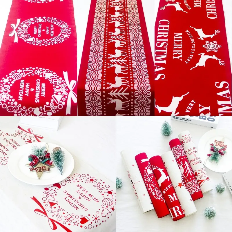 Christmas Cotton Tablecloth Snowflake Elk Printed Tablecloth Red White Cartoon Table Runner Xmas Household Desktop Decoration