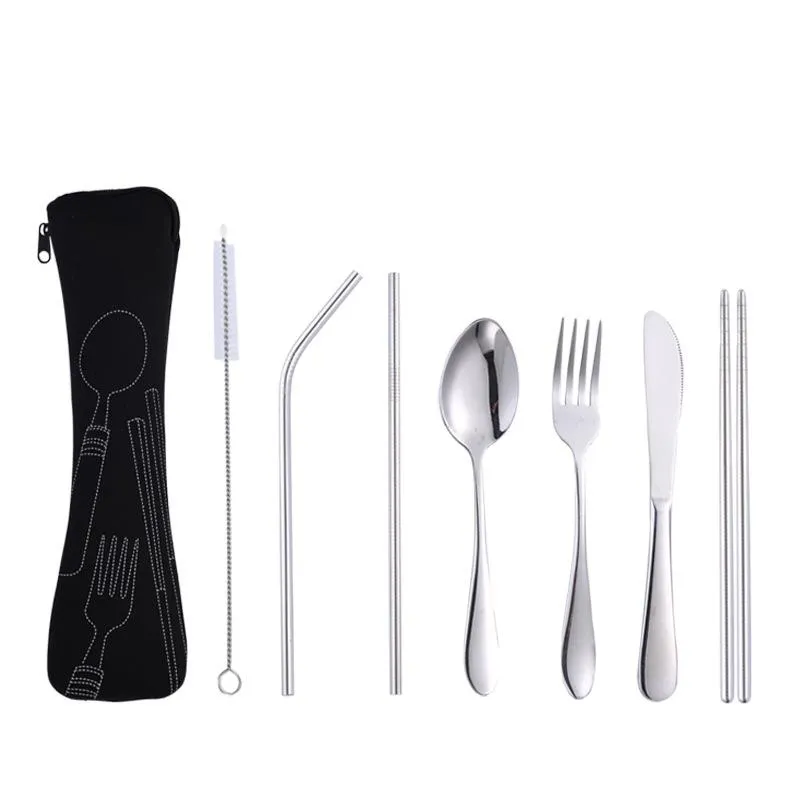 Portable Spoon Fork Knife Lunch Set 7Pcs/Set 4Pcs/Set Stainless Steel Tableware Set Travel Tableware Dinnerware With Bag BH1524 TQQ