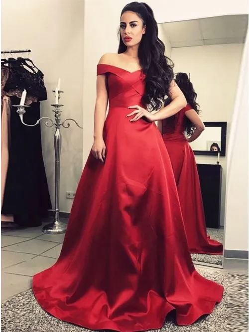 Rood Off The Shoulder Prom Dress Formele 2019 Plooien A-Lijn Satijnen Open Back Jurken Avond Draag Vestido de Novia Feestjurk voor vrouwen