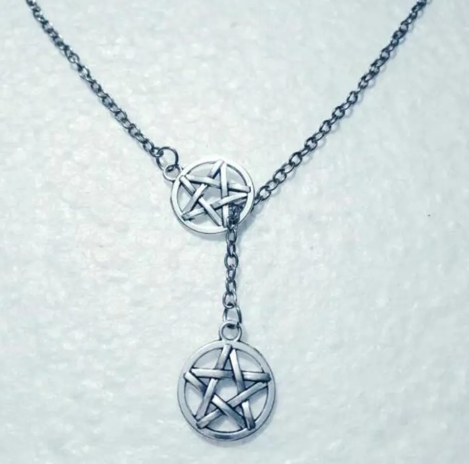 새로운 위카 이교도 보석 선물 빈티지 실버 더블 펜타그램 스타 Wiccan Pentacle Cross Lariat 펜던트 조절 가능한 목걸이 865