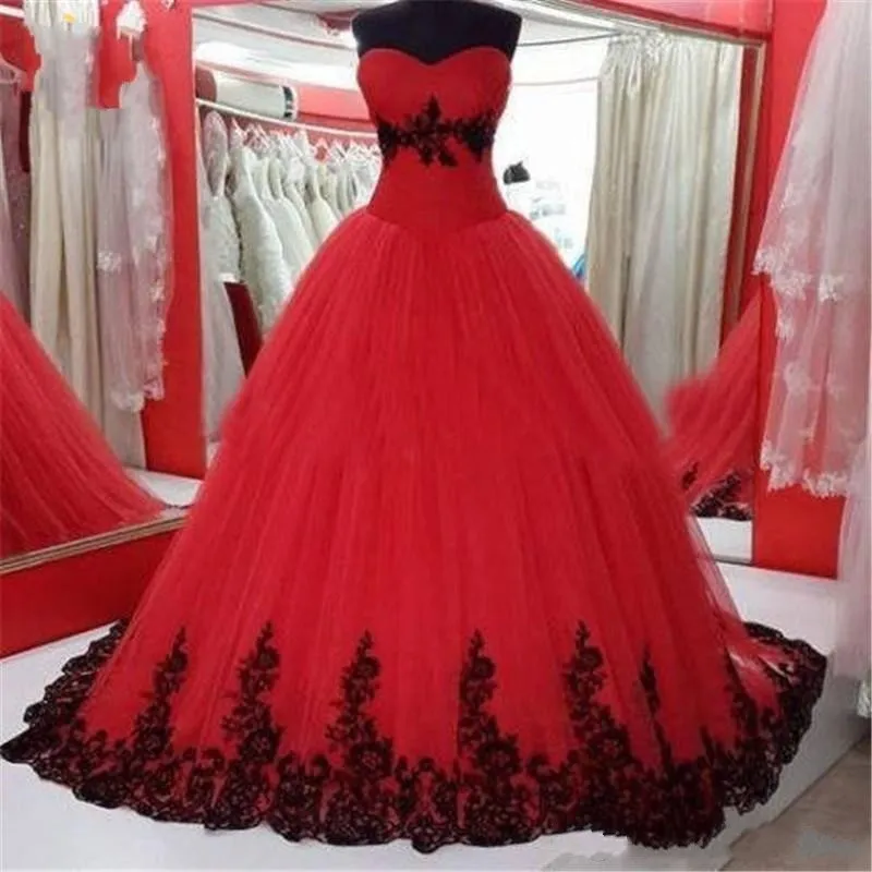 Abbastanza 2022 Rosso Nero Ricamo Abiti da sposa in pizzo Ball Gown economici Pieghe Increspato senza spalline Corsetto Indietro Vestido De Novia Abiti da sposa