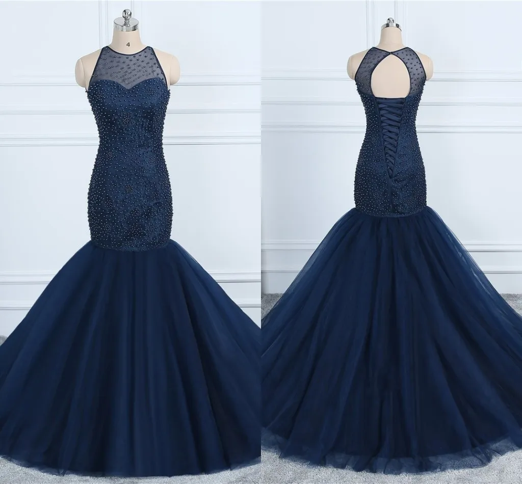 Sexy Navy Mermaid Prom Dresses Pearls Bodies Jewel Lace-up тюль платья вечерняя одежда вечернее платье вечерние платья 2019 дорогие платья