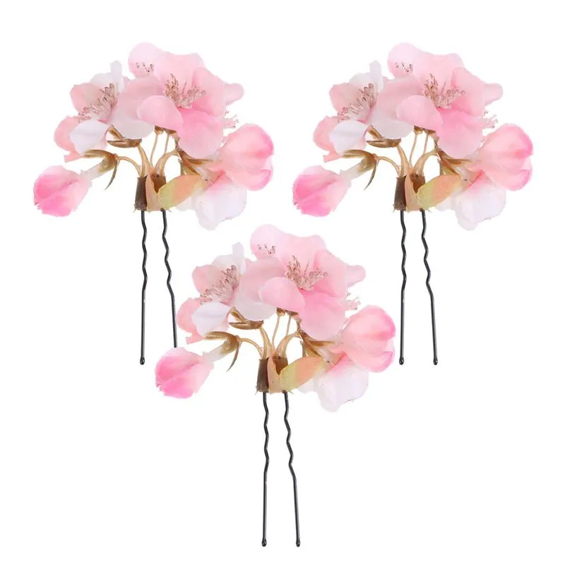 3pcs hårnålar Utsökta handgjorda Sakura Dekorativa Hårklipp Rose Flower Headwear Hair Pins Hårtillbehör för kvinnor Tjejer