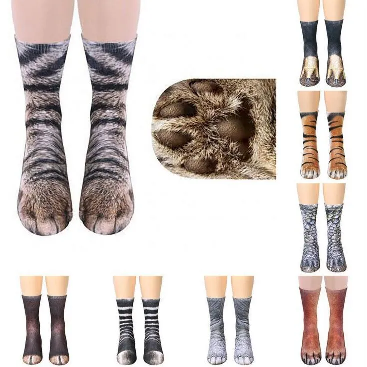 Ny 3D-tryck Vuxen Animal Paw Socks Unisex Crew Cat Long Stocks Elastic Andas Sock Dog Horse Zebra Pig Cat Paw GB1477