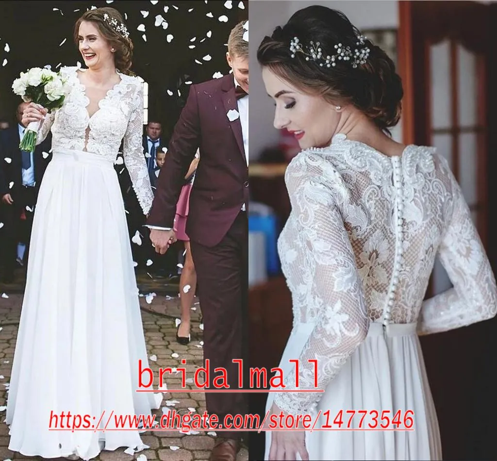 Bohemian 2020 Sheer V Neck Long Sleeves Lace Beach Wedding Dresses A Line Bridal Dresses Boho Country Wedding Gowns Custom Vestidos De Novia