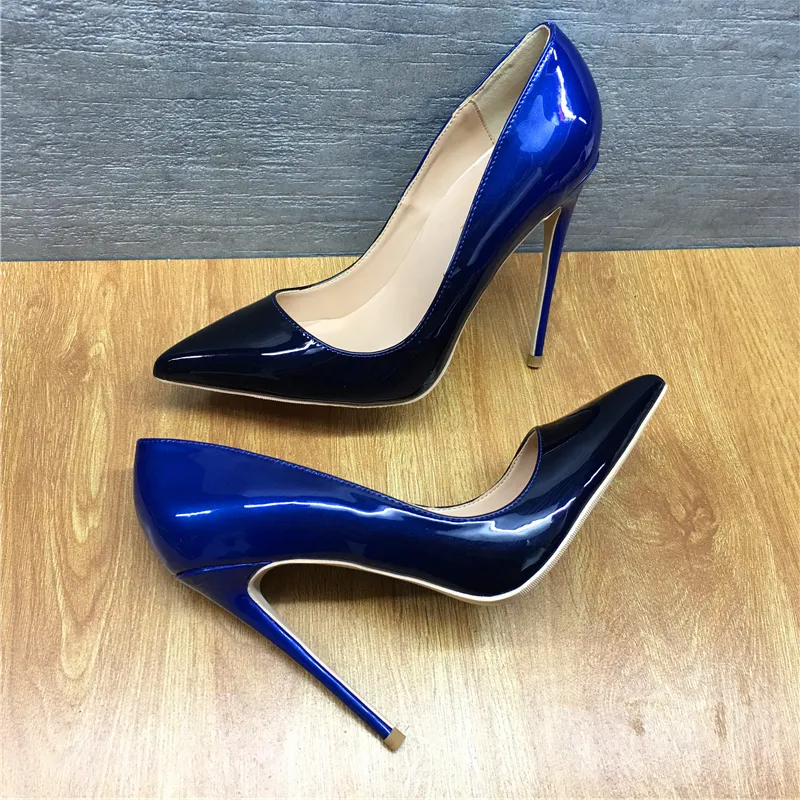 Blue Gradient Stiletto Heels 12CM High Fashion Pumps Women Leather Pointed Toe Slip On Wedding Party Shoes