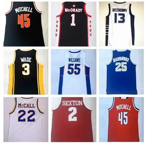 2019 nieuwe basketbalshirts, heren 1 MCGRADY 22 MCCALL 13 ANTETOKOUNMPO 2 SEXTON 55 WILLIAMS 45 MITCHELL 3 WADE 25 HARDAWAY Basketball Wears