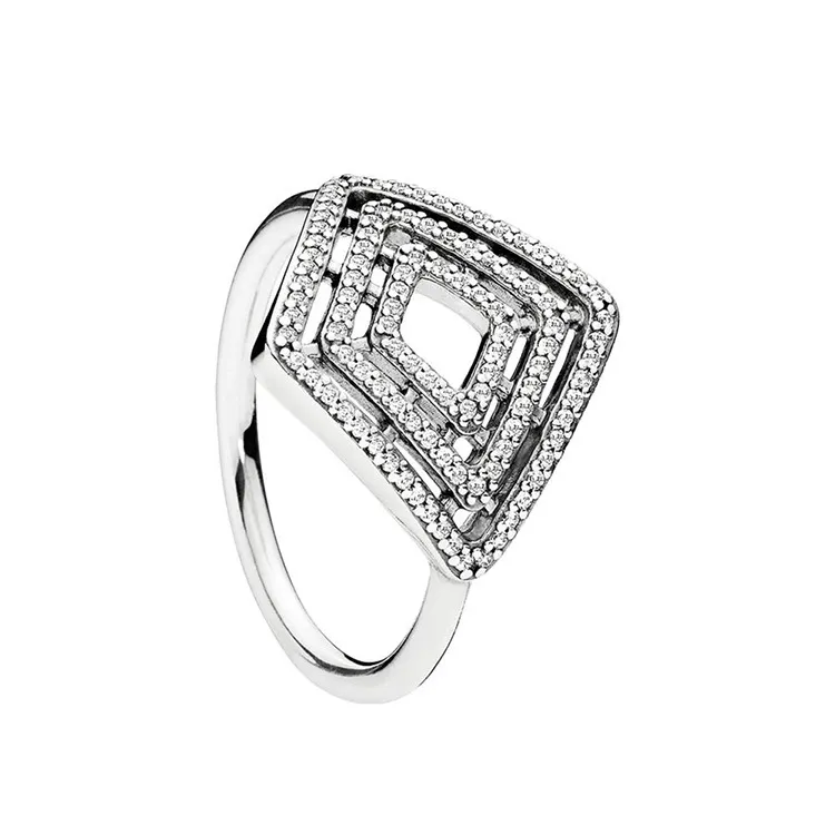 Anillo del encanto de Pandora de plata de ley 925 de la vendimia con las damas de la línea geométrica manera de la personalidad de la CZ de diamantes anillo con la caja