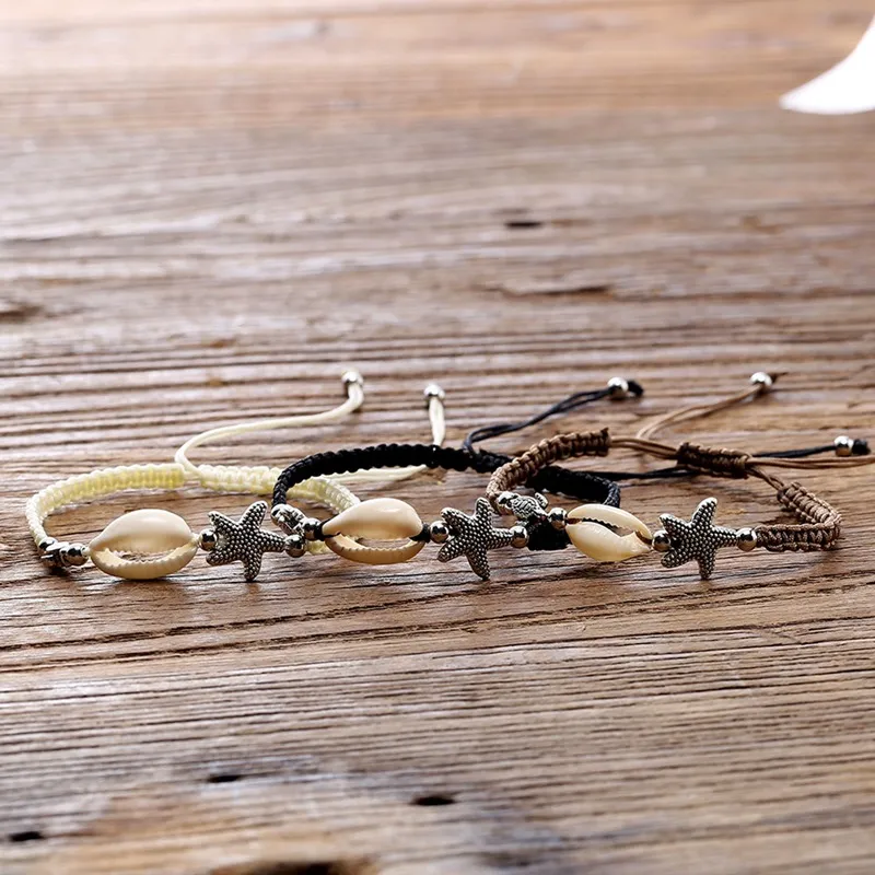 Bracelet tressé unisexe – Bracelets tissés à la main avec coquillages, étoile de mer, grand surfeur, bijoux de style hawaïen réglables pour l'été et la plage