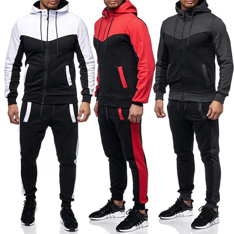 Homens Casual Zipper Tracksuits Moda Patchwork Bateu Cor Com Capuz Drawstring Manga Longa Tops e Calças de Drawcord Puimentiua