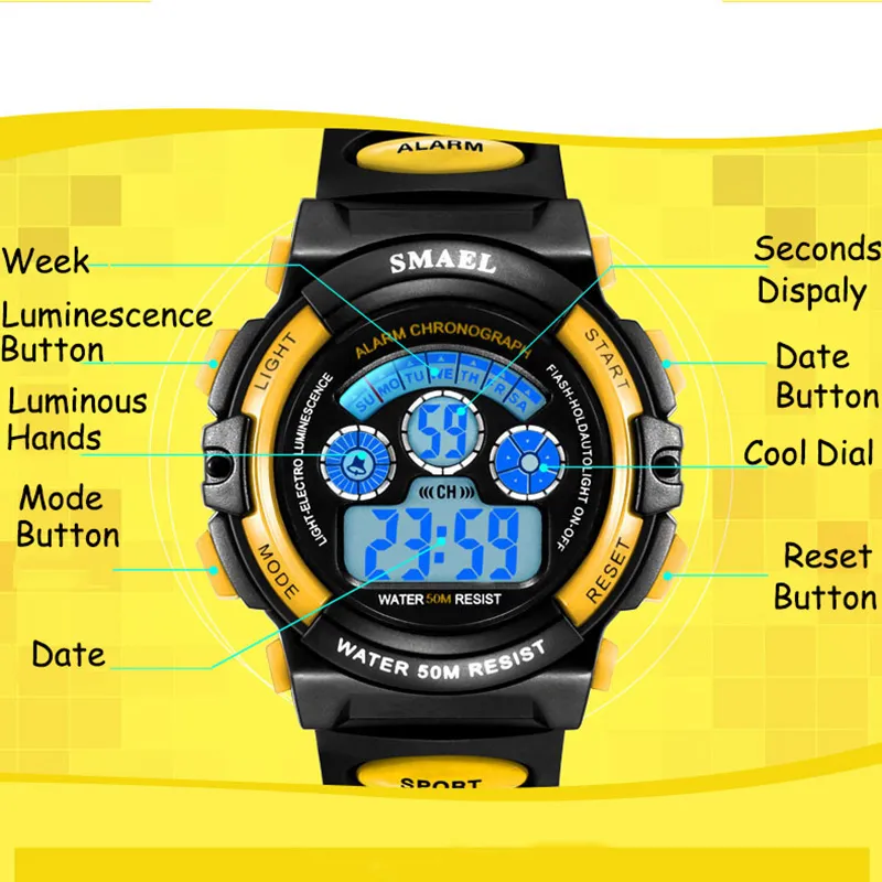 Smael Kids Watches Boys Quartz Armbandsur Student Sport Klockor 50m Vattentät väckarklocka 0508 Barnklockor LED Digital