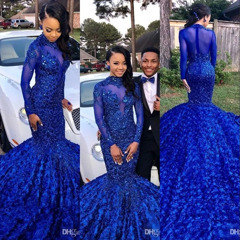 Royal Blue 3D Floral Flowle Prom Dresses Długie Rękawy Syrenka Sexy Wysokiej Neck Koronki Aplikacje Crystal Zroszony Party Suknie Wieczór