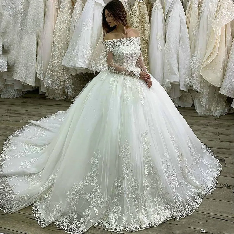 off Shoulder Bridal Ball Gowns 3/4 Sleeves Puffy Lace Wedding Dress As20179  - China Wedding Dress and Evening Dress price | Made-in-China.com