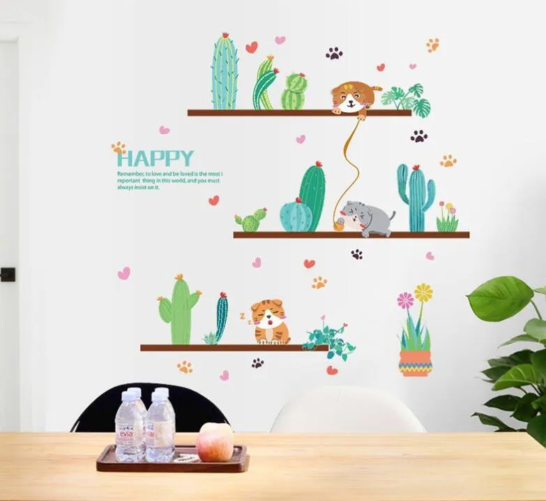 Potted green plant cat Nordic fresh and modern porch door restaurant bar background decoration wall stickers