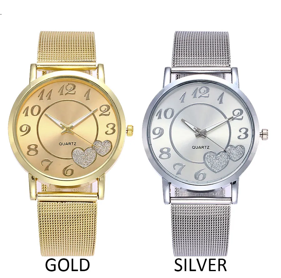 Kadın Gümüş Altın Alaşım Kemer Örgü Saatler Aşk Kalp Dial Hollwatches Moda Sıradan Kadınlar Çelik Kuvars Saatler Relogio Feminino