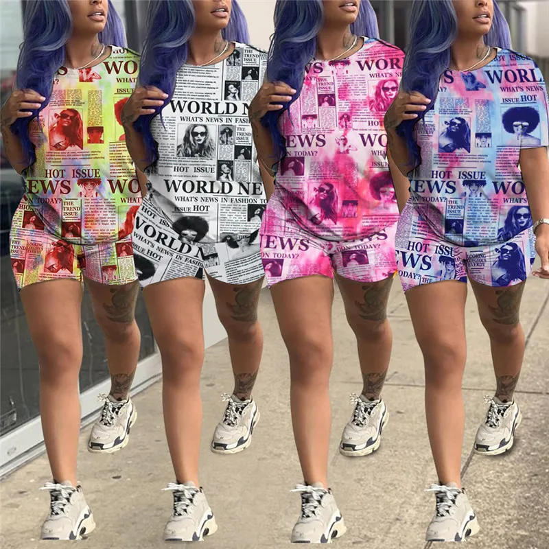 Summer Women Shorts Outfits Printed Tracksuit Short Newspaper Sleeve T Shirt Tops + Shorts 2 Piece Set Designer T-shirt Party Wear Clothes