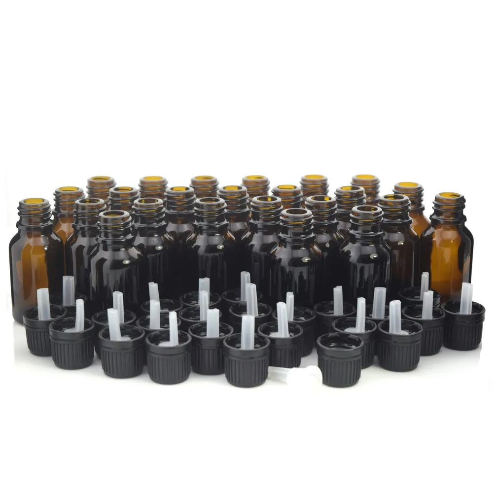 24 x 15 ml Tomma Amber Glass Essential Oil Flaskor med Orifice Reducer Euro Dropper Tammer Event Keps för aromaterapi parfym