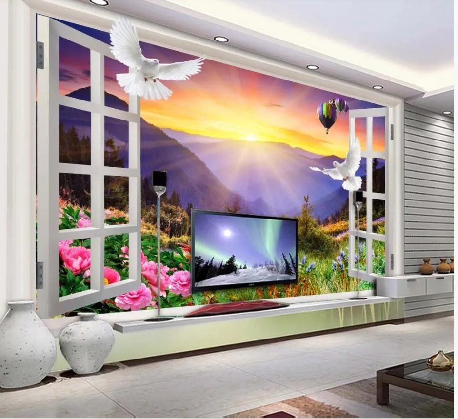 modern living room wallpapers Out of the window peony beauty balloon 3D landscape background wall