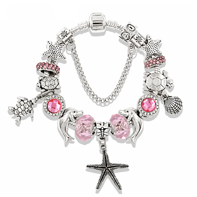 Pandora Design Charm-Armbänder Vintage-Silberschmuck für Frauen, rosa, blaue Ozean-Serie, Seestern, Schildkröte, Tier, Diamant-Kristallperlen-Armreifen