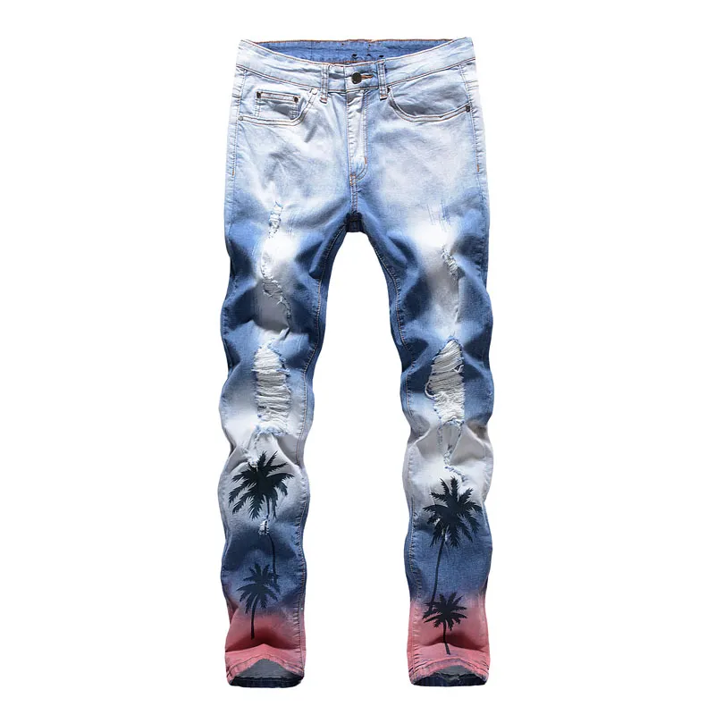 Unique Mens Distressed Printed Slim Fit Jeans Fashion Designer spring summer Light Blue Biker Denim Pants Big size Motocycle Trousers DY1808