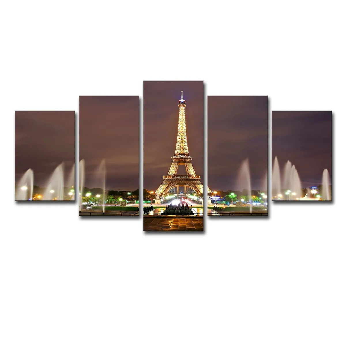 (Solo tela senza cornice) 5 pezzi Torre Eiffel Fontana Paesaggio notturno Wall Art HD Stampa su tela Pittura Moda appendere quadri