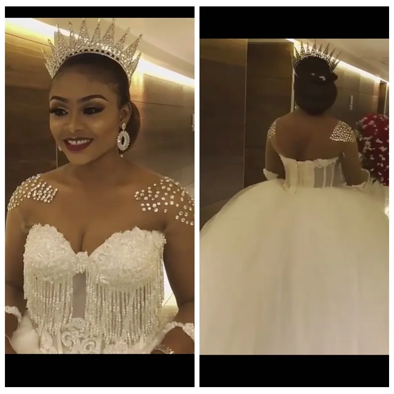 African Plus Size Wedding Dresses With Sheer Neckline Beaded Crystal Wedding Dresses Beading Crystals Bridal Gowns Tulle vestido de novia