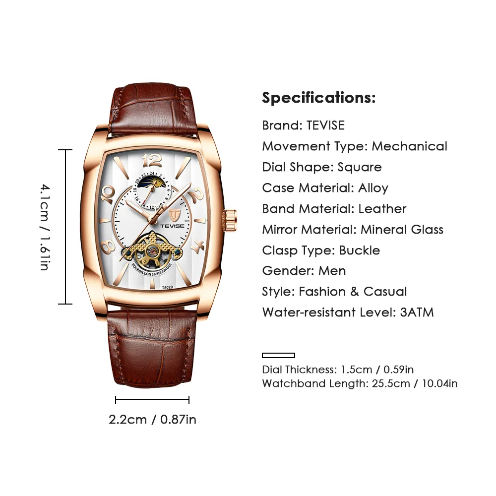 Tevise Moda Mens Otomatik Saatler Ay Faz Tourbillon Mekanik Saat Erkekler Deri Spor Kolluluğu Relogio Masculino301r