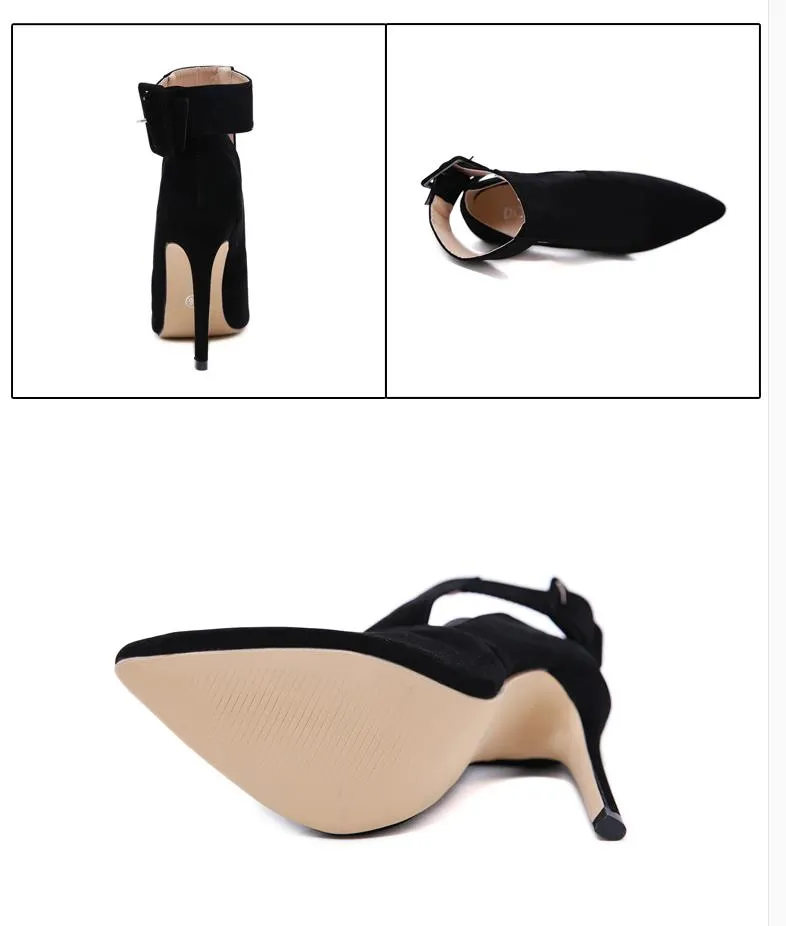 Designer luxury heels office women fashion black synthetic suede pointed toe pumps with buckle size 35 to 40