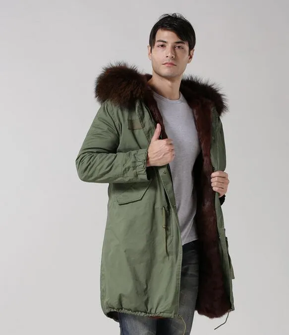 Brick red raccoon fur trim Cold resistant Brick red rabbit fur lining army green canvas long parkas outdoor men fur coats