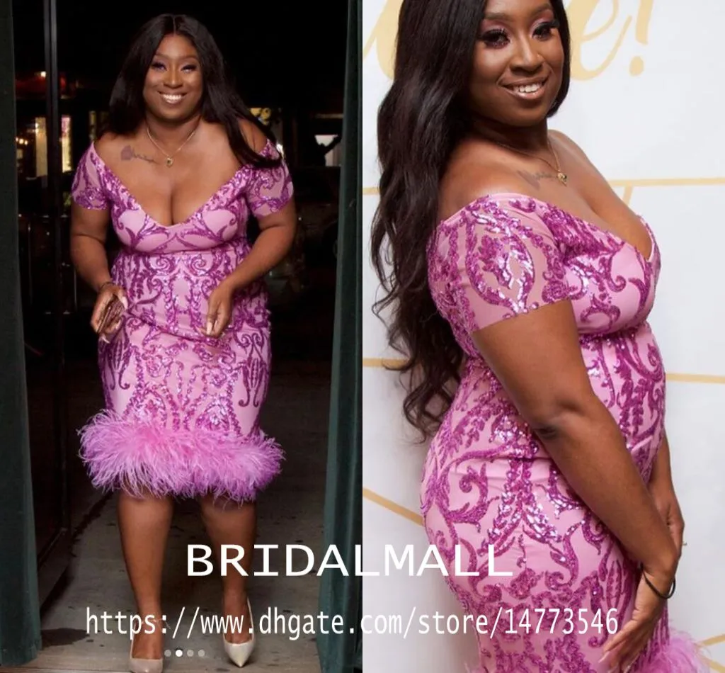 Plus Size Hot Pink Pailletten Mermaid afrikanische Abendkleider 2020 Sexy V-Ausschnitt elegante formale Abendkleider knielangen Cocktailparty-Kleider