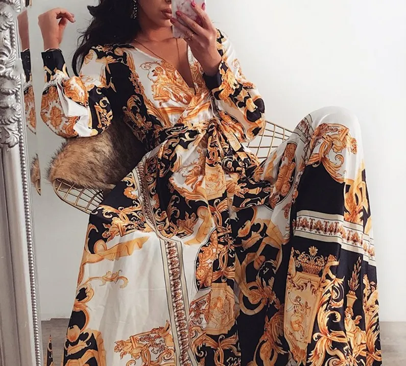 Kadın Parti Elbise Boho Şal Yaz V Yaka Uzun Elbise Tatil Maxi Gevşek Sundress Çiçek Baskı Uzun Kollu Elegante Elbiseler