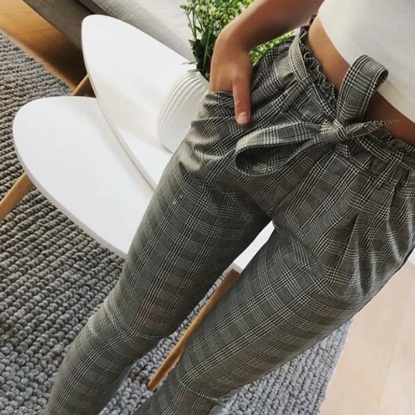 Moda 2018 Pantalones A Cuadros Grises Pantalones De Chándal Mujeres Pantalones De Rayas Algodón Casual Cómodos Bolsillos Pantalón De Cintura Alta De 27,9 € | DHgate