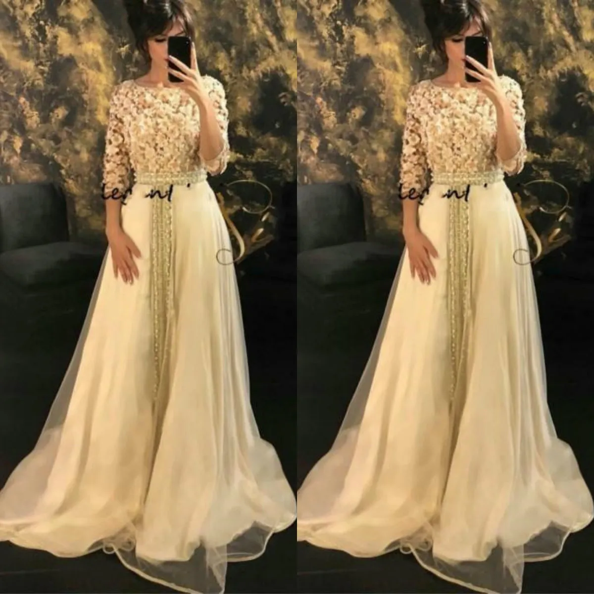 Modest Long Evening Dresses 2020 Lace Appliques Caftan Morrocco Jellaba Caftan Full length 3D Floral Occasion Prom Gowns