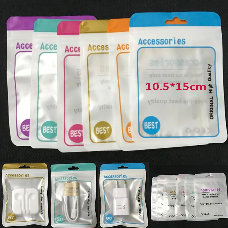 10.5x15 Zipper bags mobile phone accessories packaging zipper bag with hang hole for earphone data cable charger adapter
