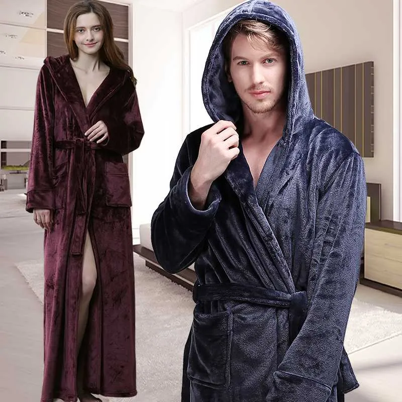 Män Kvinnor Vinter Extra Lång Hooded Tjock Flannel Varm Badrock Mens Luxury Thermal Bath Robe Silk Soft Dressing Gown Male Robes