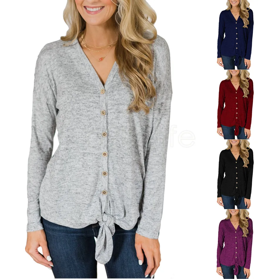 V-hals Knop Brei T-shirt Dames Lange Mouwen Jas Knoopt Trui Top Tie Knot Cardigan Casual Outlebear AAA1766