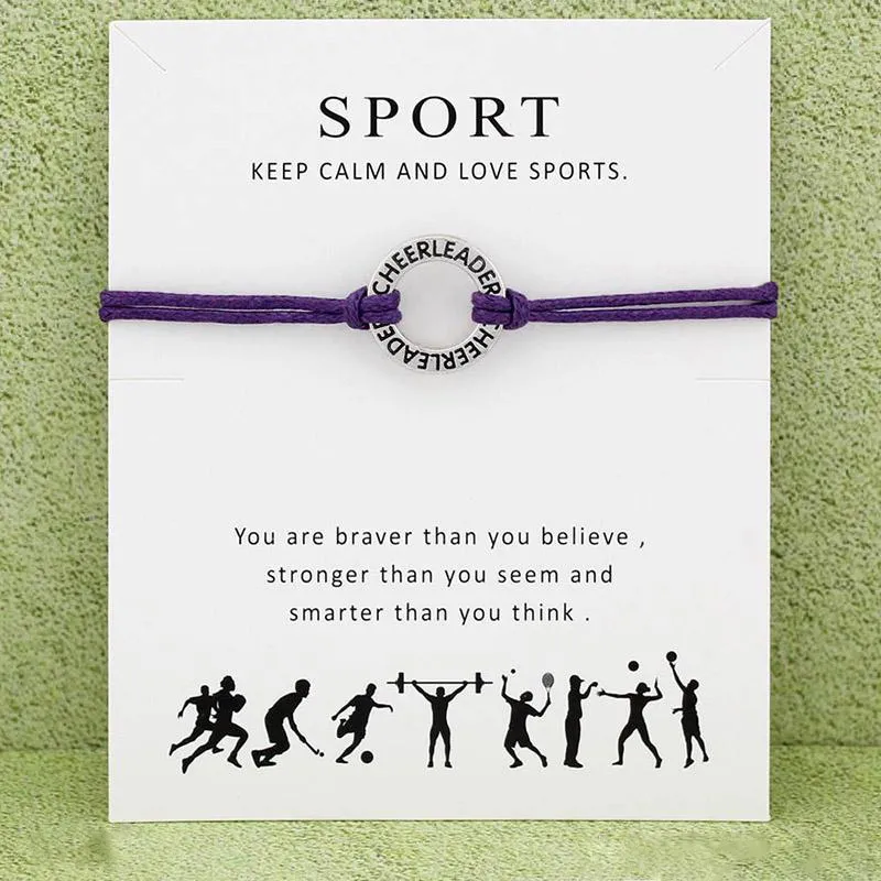 Cheerleader Sports Armband Met Kaart Infinity Wish Cheer Leader Charm Wax Rope Warp Bangle voor Vrouwen Mannen Mode Sieraden Gift