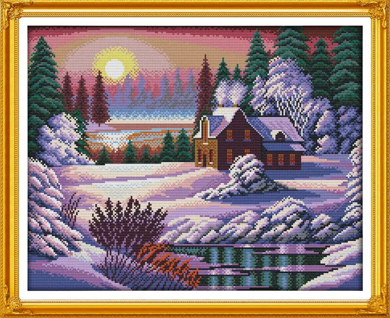 Zmierzch Ośnieżony krajobraz Winter Decor Malarstwo, Handmade Cross Stitch Hafty Robótki Zestawy Liczono Drukuj na Płótnie DMC 14CT / 11CT