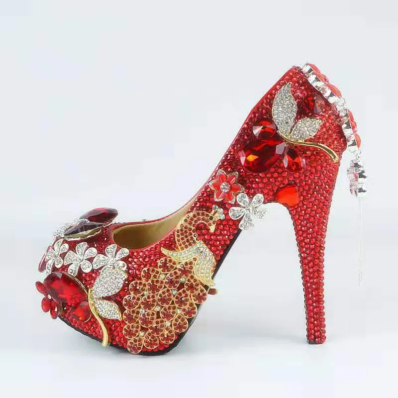 Luxurious Red Diamond Flower Wedding Shoes High Heel Pumps with Flower Chains Bling Bling Prom Shoes for Ladies