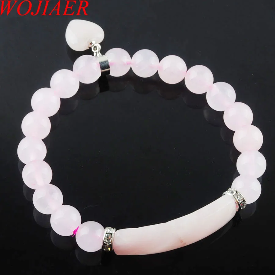 WOJIAER Natural Stone Beads Rose Quartz Strand Bracelets & Bangles Heart Shape Silver-color Fitting Women Jewelry Love Gifts K3341