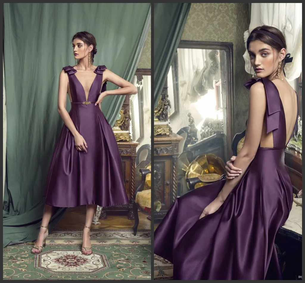 2019 New Purple Mother Of The Bride Dresses Sheer V Neck Sleeveless Satin Formal Evening Prom Dress Tea Length Wedding Guest Gowns Cheap