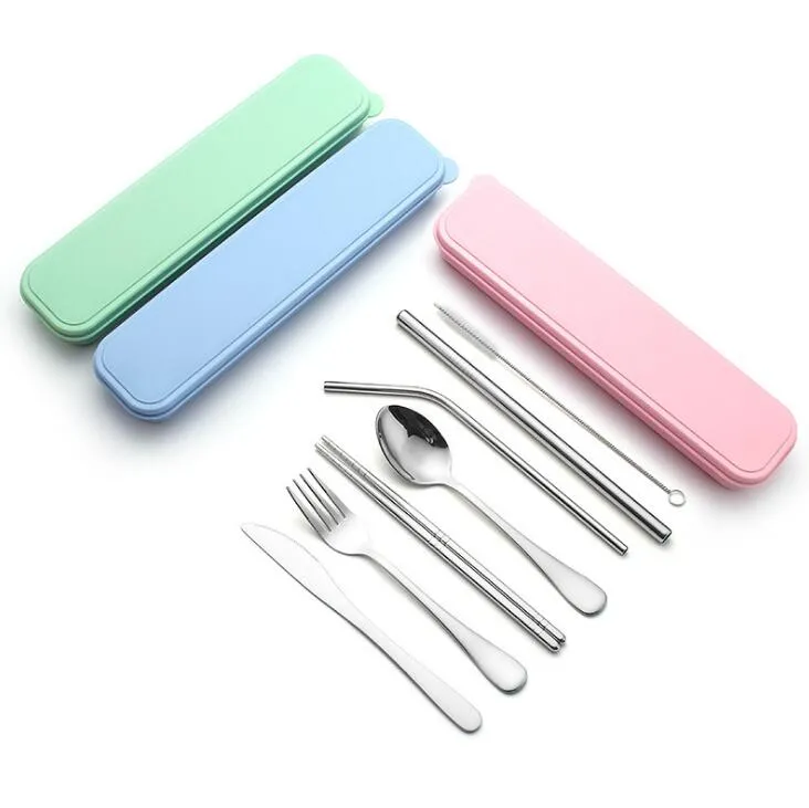 스테인레스 스틸 Flatware 세트 휴대용 칼 세트 야외 여행 피크닉 식탁 세트 상자와 가방 주방기구와 금속 짚