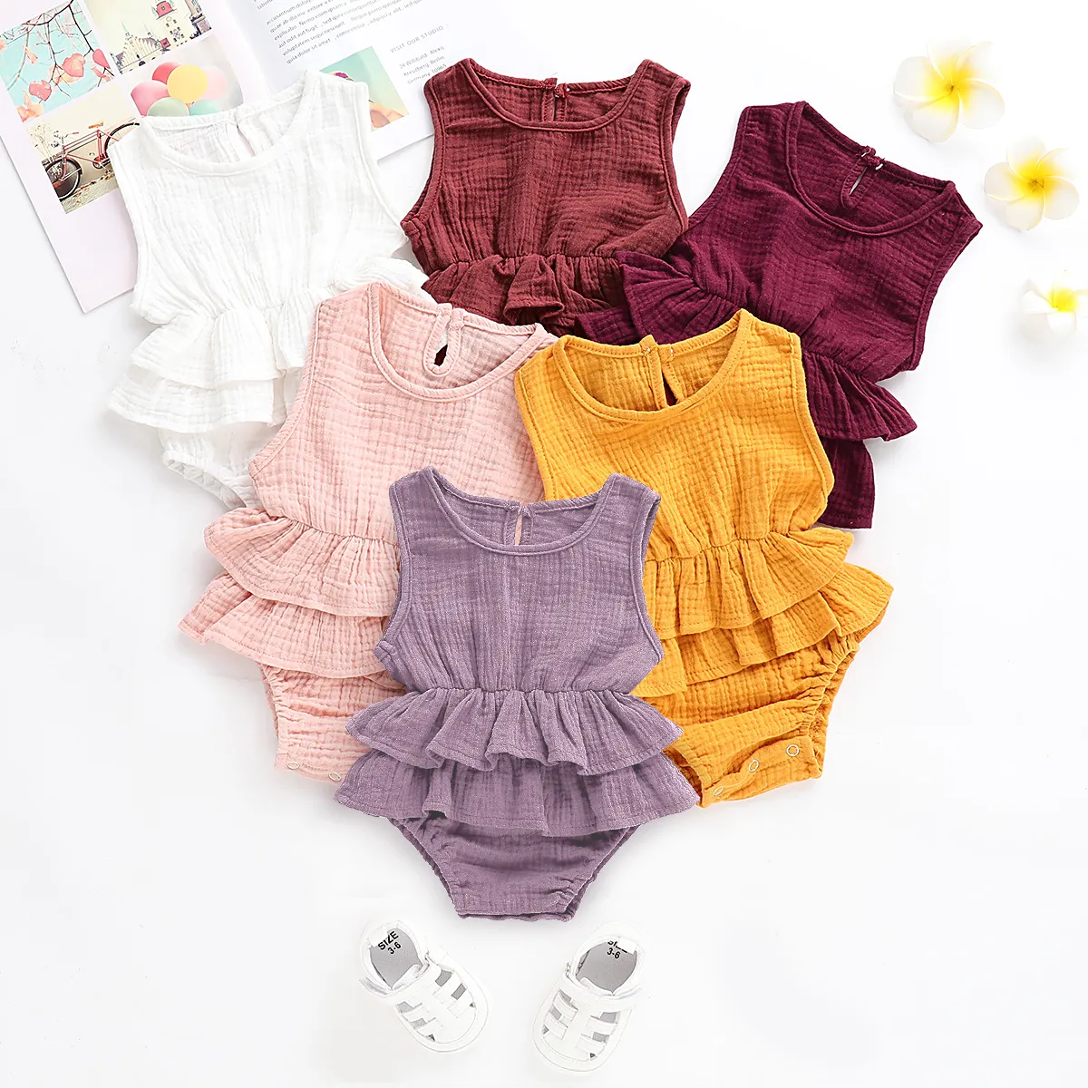 Casual Baby Girl Summer Clothing Solid ärmlös ruffle romper jumpsuit klänning bomull för nyfödda spädbarnskläder barn