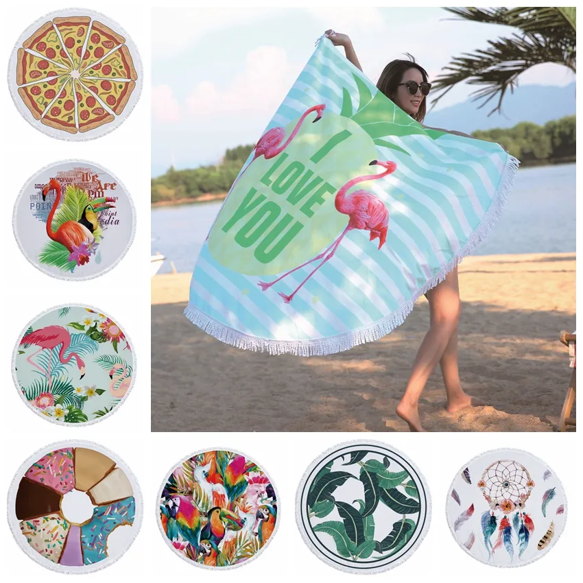 72 Designs sommar rund strandhandduk med tofsar 59 inches picknickmatta 3d tryckta flamingo windbell tropiska filtar tjejer badande handdukar