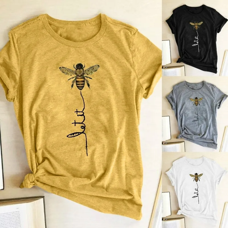 T-shirt dam 24 färger T-tröja för kvinnor Bee Print Kortärmad Crew Neck Bomull Sommar Top Kläder S-XXXL
