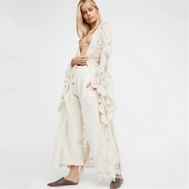 Boho Estilo Vestidos Mulheres Cor Sólida Rendas Longo Vestido Sexy Transparente Cardigan Beach Party Maxi Robes Elegantes Femininos Verão Branco Vestidos